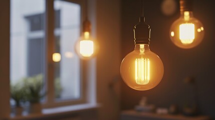 Warmly glowing filament bulb in a modern interior setting with blurred background creating a cozy ambiance. Ideal for concepts of energy and design. AI generated.