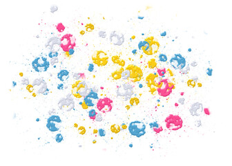 Multicolored splashes and splotches of paint on a transparent background. Multicolored colorful confetti