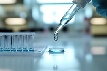 Close-up of pipette with drop over slide in lab setting.