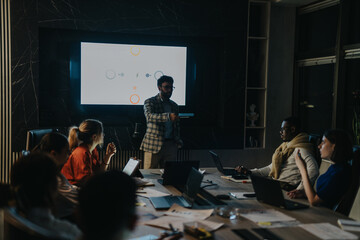 A team of diverse business people engaging in a collaborative meeting, discussing strategic plans under low light. The setting emphasizes teamwork and dedication during late-night hours.
