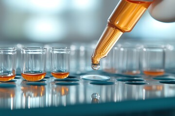 Pipette dropping sample into test tubes with orange liquid
