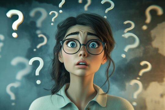 An animated woman with a question mark reflects confusion, symbolizing inner turmoil and the search for clarity in a complex world.