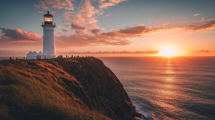 Naklejka premium Scenic white lighthouse on cliff against vibrant sunset with strolling visitors below