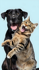 Playful dog and cat embrace, tongues out against light blue background Vertical Mobile Wallpaper