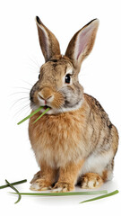 Fototapeta premium Brown rabbit munches grass on white background with curious upright ears Vertical Mobile Wallpaper