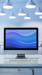 Fototapeta premium Minimalist monitor displays serene gradient, bright room adds modern ambiance Vertical Mobile Wallpaper