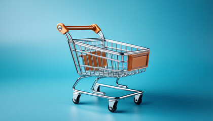 Miniature shopping cart on blue background. Online shopping, retail, e-commerce and purchasing