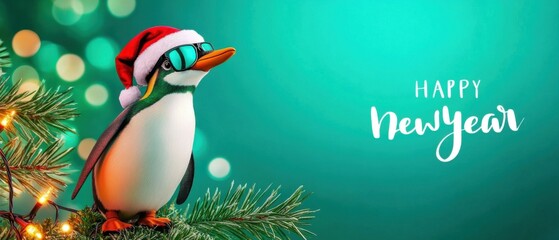 Naklejka premium Cool Penguin Celebrates Happy New Year Wearing Santa Hat and Sunglasses