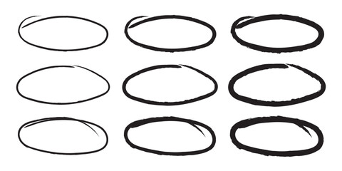 Red circle, pen draw set. Highlight hand drawn circle isolated on background. Handwritten red circle. For marker pen, pencil, logo and text check. Circle vector illustration