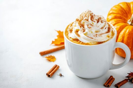 cup of pumpkin spice latte with whipped cream and cinnamon or nutmeg sprinkle. isolated on white background with copy space. Pumpkin gourd squash is a traditional American vegetable in October 