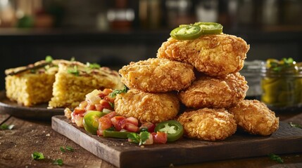 Crispy fried chicken nuggets stacked high with cornbread, salsa, and pickles.