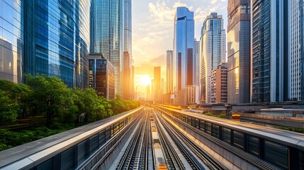 Fototapeta premium Elevated Train Tracks Through Modern City Skyline at Sunset