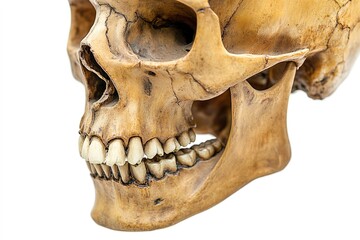 Naklejka premium Close-up of human skull with detailed teeth isolated on white.