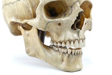 Naklejka premium Side view of human skull on white backdrop