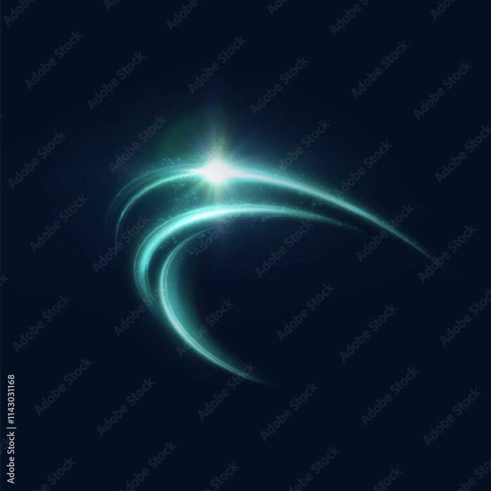 Leinwandbilder Shiny bright green glowing curved line with magical light effect of magical glitter dust and sparkle particles. Glow effect for game interface design.