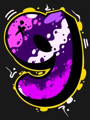 Illustration of graffiti number 9, digital font number 9 that looks cool and unique, with a combination of purple and pink colors 