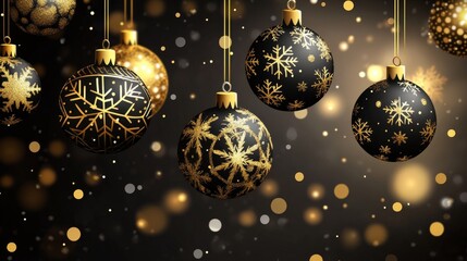 Merry Christmas greeting vector design. Christmas balls hanging with gold, shiny and glossy elements in snowflakes pattern elegant background. Vector illustration holiday season card design.