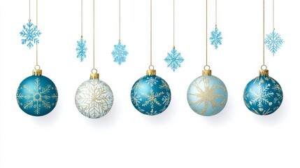 Merry Christmas greeting vector design. Christmas balls hanging with gold, shiny and glossy elements in snowflakes pattern elegant background. Vector illustration holiday season card design.