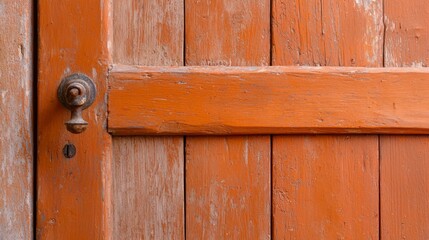 A close up of an orange wooden door with a metal handle