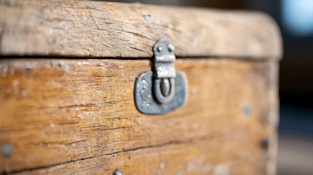 A close up of a wooden box with a metal latch