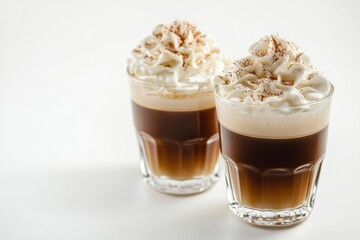 Espresso con panna or Vienna coffee. Two shots of espresso with whipped cream. Close up view on white background 