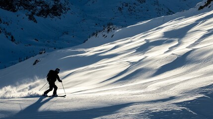 A ski guide navigates through sunlit trails and shadows in a winter wonderland adventure