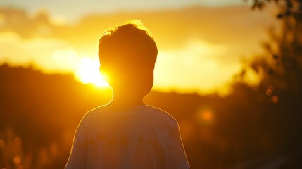 A serene silhouette of a child standing against a glowing golden sunset, evoking a sense of innocence and tranquility. Ideal for themes of childhood, nature, and reflection. AI generated.