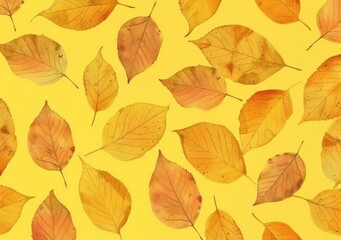 Obraz premium autumn leaves, yellow background, seasonal concept, nature pattern, falling leaves, vibrant colors, foliage art, natural texture, decorative design, seasonal change, leaf arrangement, tranquil aesthe