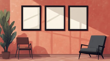 Minimalist living room with five framed posters on a pinkish orange wall, a single chair, and no plants.