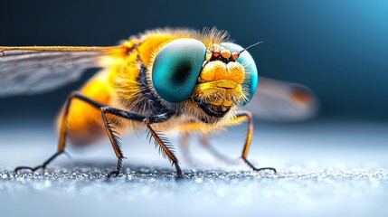 A close up of a fly with blue eyes