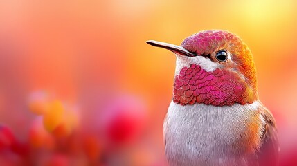 A close up of a hummingbird with a red beak