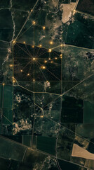 Digital network overlay on a satellite view of fields and rural roads.