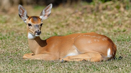 A small deer laying in the grass on a sunny day