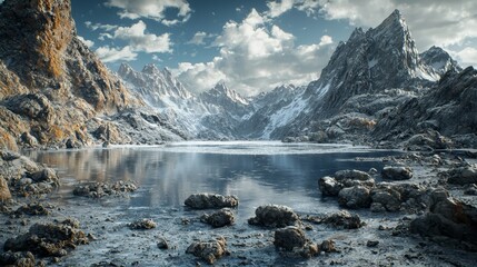 A mountain lake surrounded by rocks and snow covered mountains