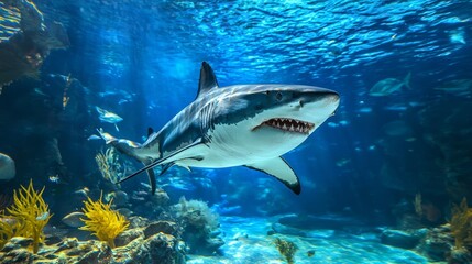 Obraz premium A shark swimming in an aquarium with its mouth open