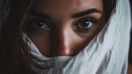 Fototapeta premium A woman with a white scarf covering her face