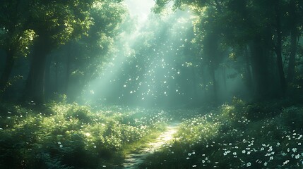 Obraz premium Sunbeams illuminate a mystical forest path, wildflowers line the way, creating an enchanted atmosphere.