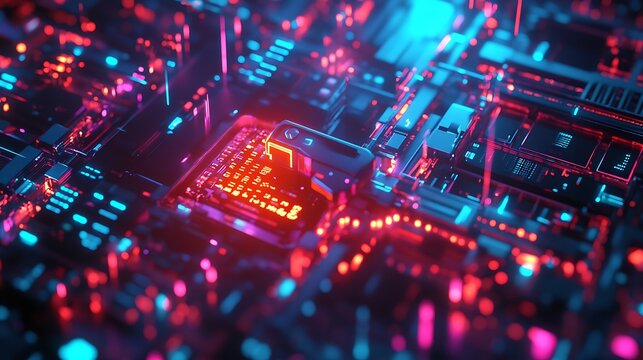 Futuristic Circuit Board Glowing Red And Blue Lights