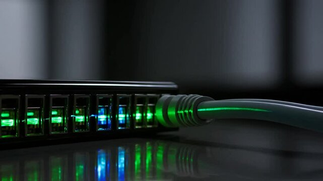 High-speed network switch with illuminated ports and connected cable for seamless data transfer