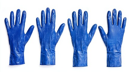 Fototapeta premium A row of blue rubber gloves on a white background