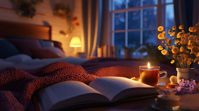Open book on a cozy bed with candlelight and flowers creating a warm and peaceful ambiance at night