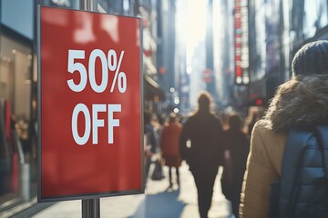 Clothes store and banner with text 50% OFF