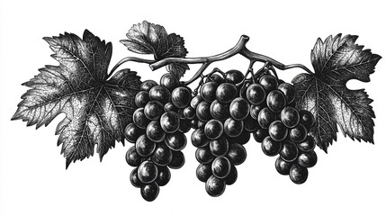 Obraz premium A bunch of grapes on a branch with leaves