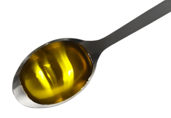 Puddle of olive oil in metal spoon isolated on white background, top view 