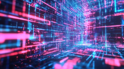 Abstract digital tunnel with glowing pink and blue lines.