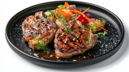 A black plate topped with meat and vegetables