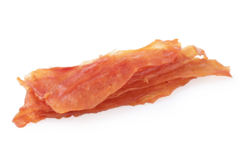 A stack of pieces of smoked chicken chips isolated on a white background