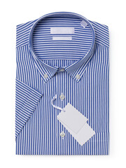 Folded short-sleeved shirt in stripes of blue and white isolated on a white background