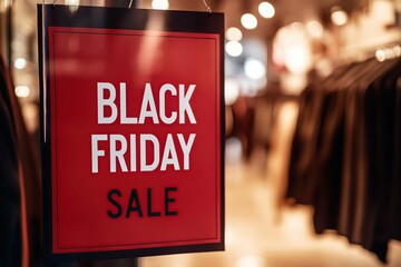 Clothes store and banner with text Black Friday Sale