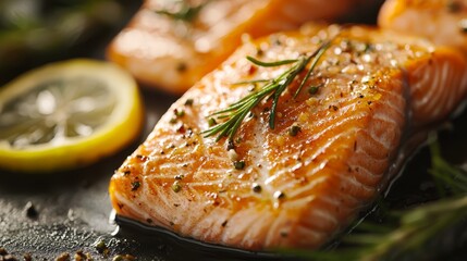 A close up of a piece of salmon on a plate with lemon and rosemary